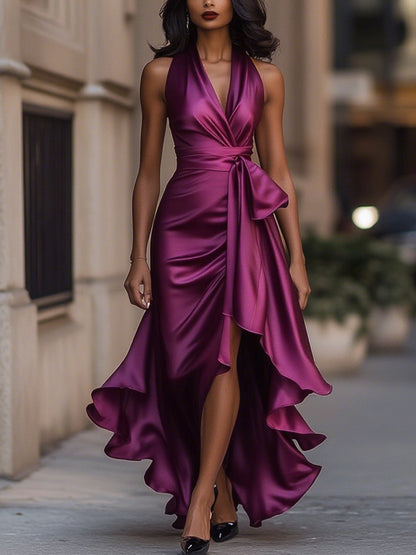 Women's Satin Wrap Evening Maxi Dress with Deep V-Neckline