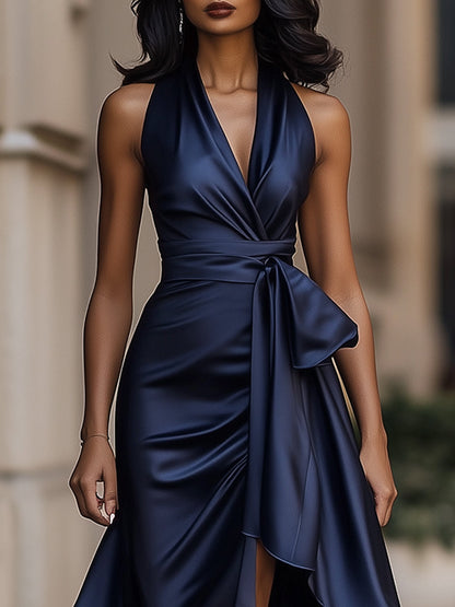Women's Satin Wrap Evening Maxi Dress with Deep V-Neckline