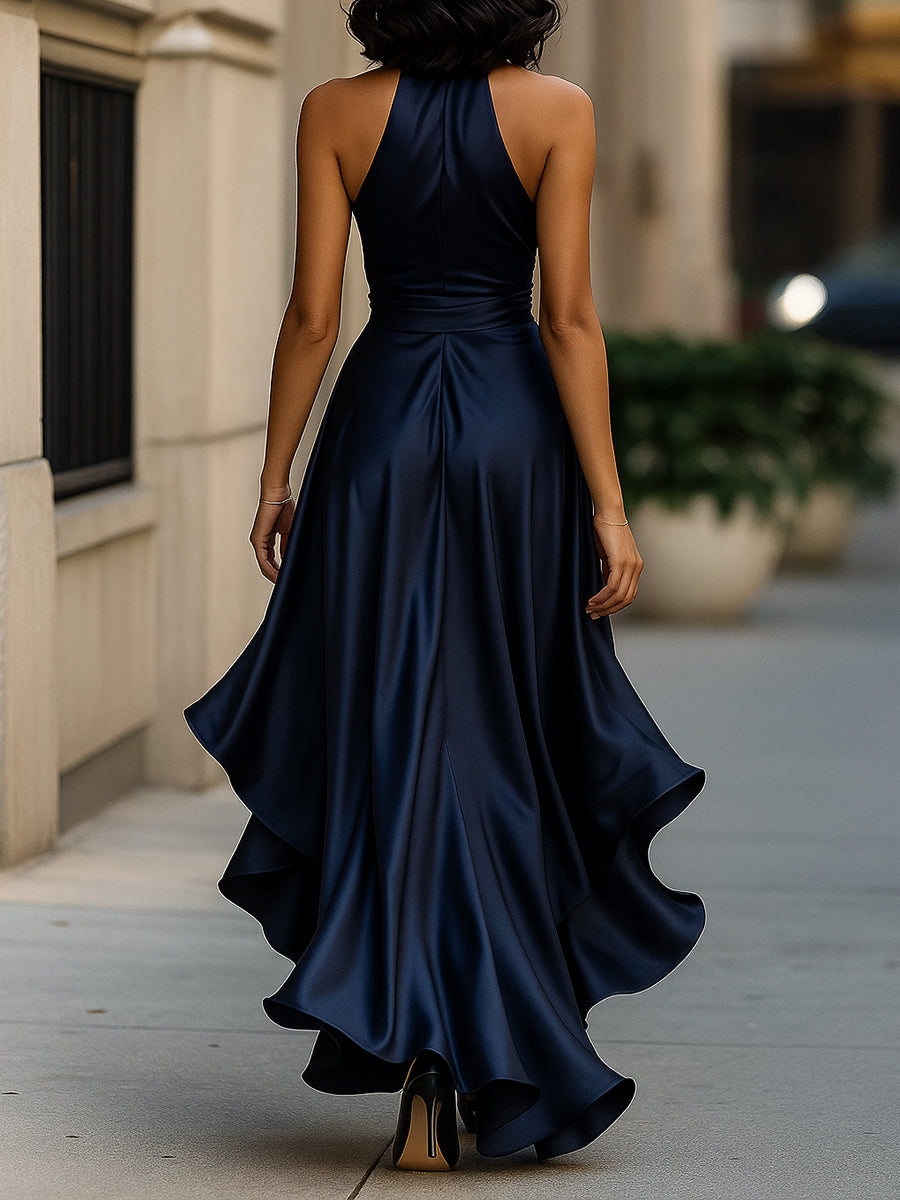 Women's Satin Wrap Evening Maxi Dress with Deep V-Neckline