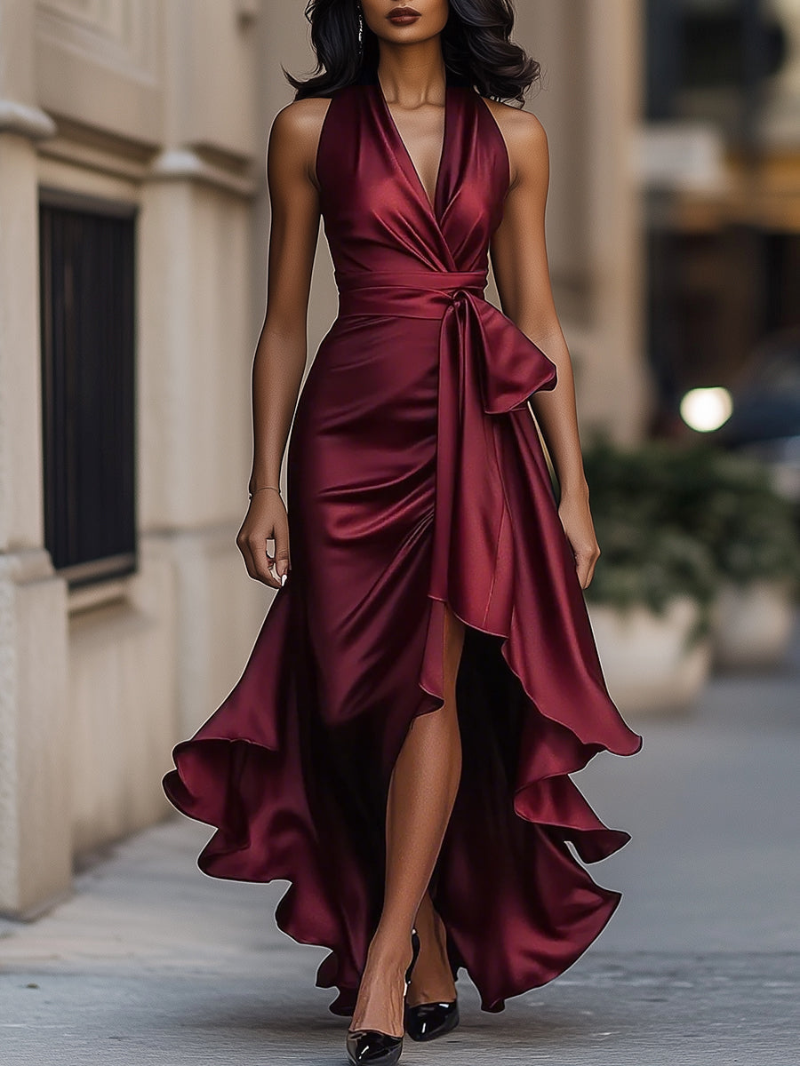 Women's Satin Wrap Evening Maxi Dress with Deep V-Neckline