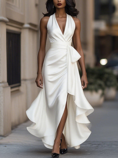 Women's Satin Wrap Evening Maxi Dress with Deep V-Neckline