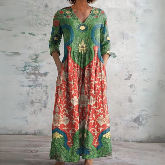 Women's Green Boho Floral Ethnic V-Neck Maxi Dress with Pockets
