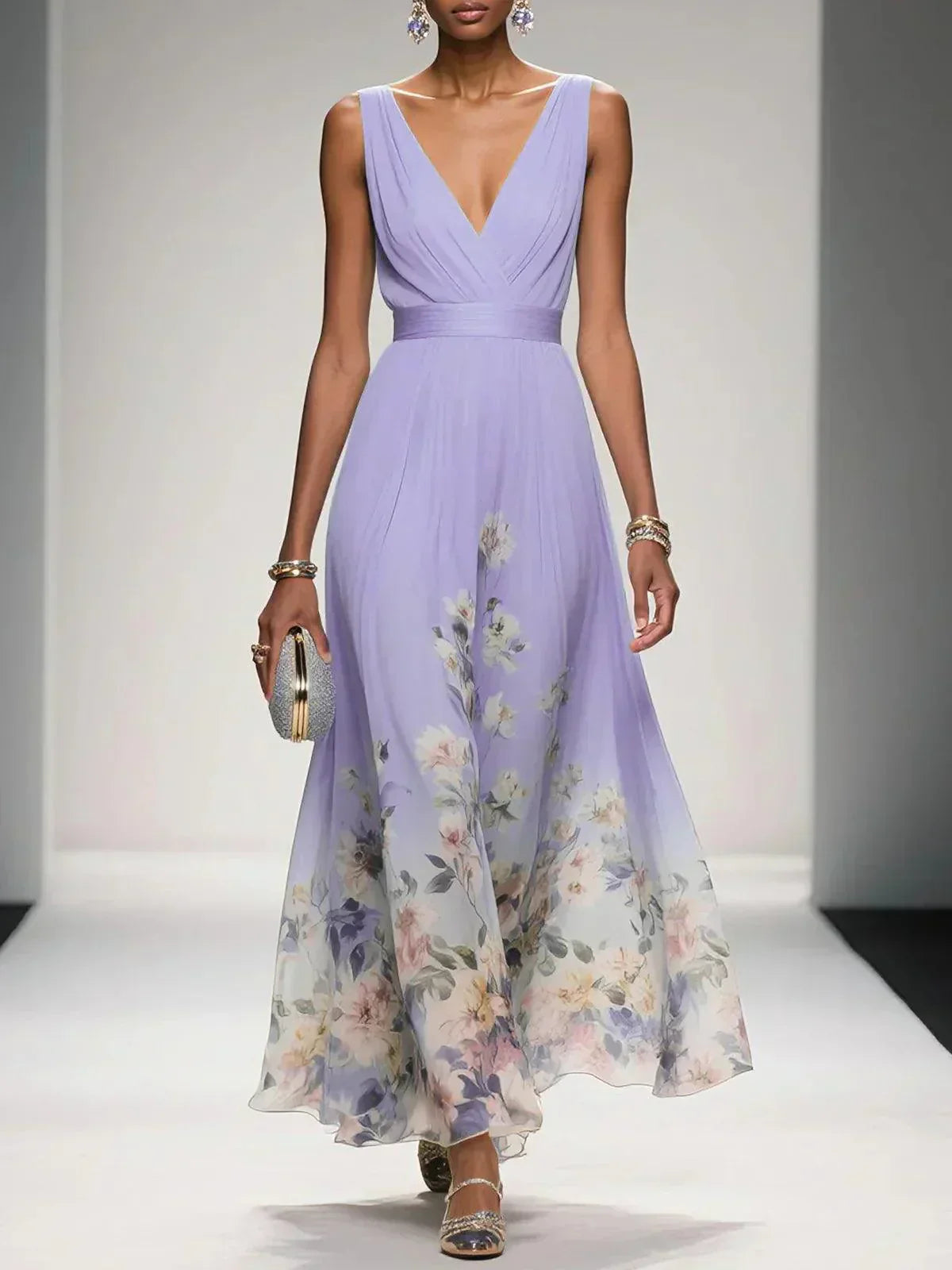 Floral Midi Dress with Deep V Neckline for Women