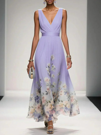 Floral Midi Dress with Deep V Neckline for Women