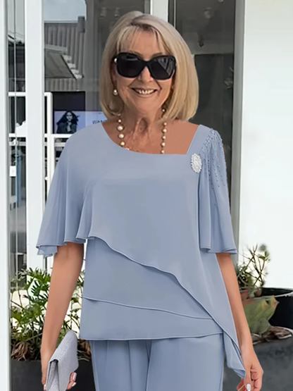 Women’s Elegant Two-Piece Pant Set with Layered Asymmetrical Top
