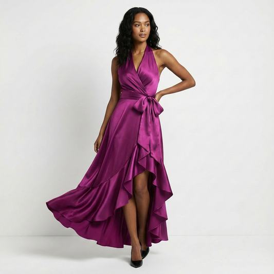 Elegant Women’s Maxi Wedding Guest Dress with Tie-Waist Bow