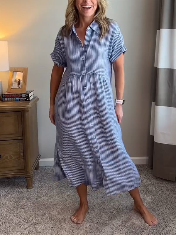 Women's Striped Collared Button-Front Short Sleeve Dress