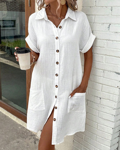 Relaxed Button-Front Pocket Shirt Dress for Women