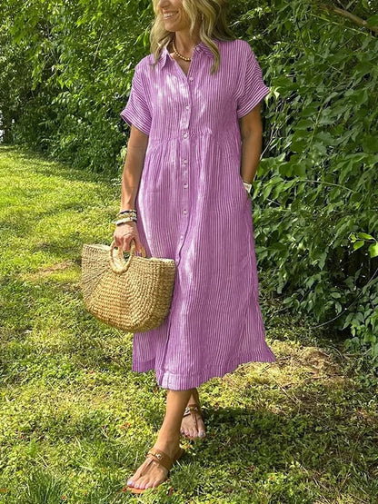Button-Up Midi Shirt Dress Women Short Sleeve