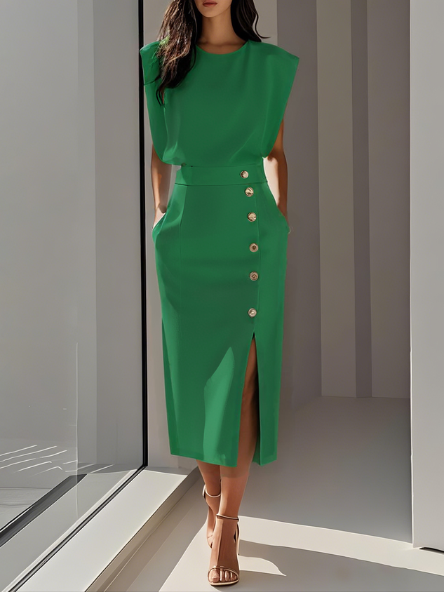 Elegant Sleeveless Midi Dress with Side Slit and Gold Button Detail