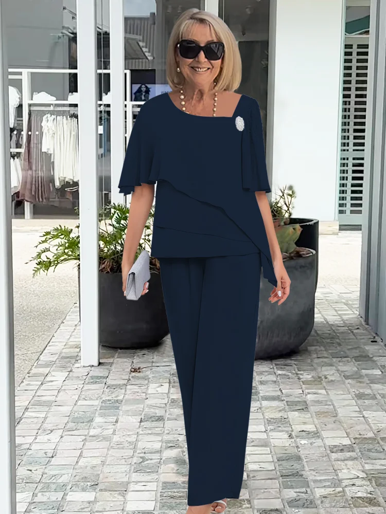 Women’s Elegant Two-Piece Pant Set with Layered Asymmetrical Top