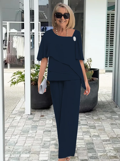 Women’s Elegant Two-Piece Pant Set with Layered Asymmetrical Top