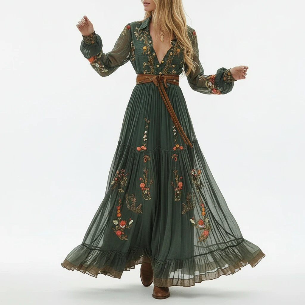 Women's Embroidered Long Sleeve Boho Maxi Dress