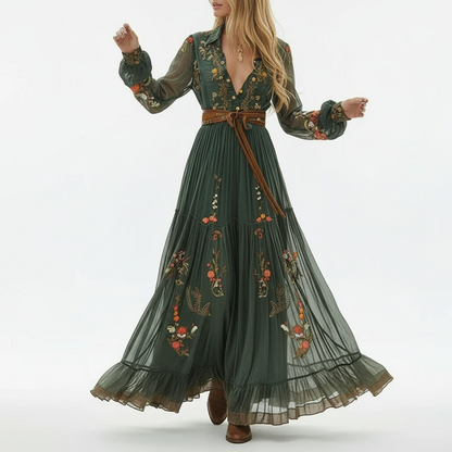 Women's Embroidered Long Sleeve Boho Maxi Dress