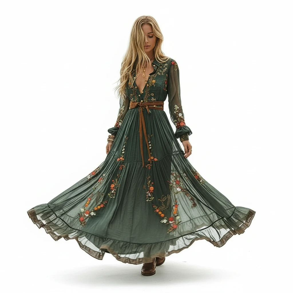 Women's Embroidered Long Sleeve Boho Maxi Dress