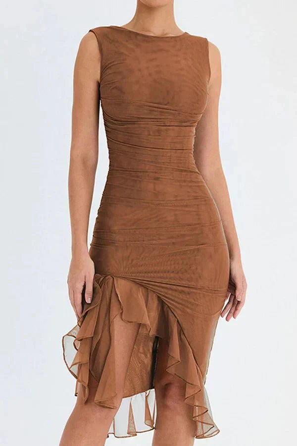 Women’s Sleeveless Ruched Midi Dress with Asymmetrical Hem