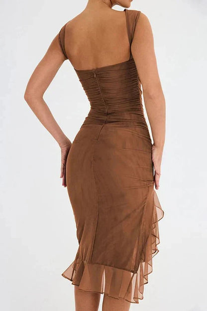 Women’s Sleeveless Ruched Midi Dress with Asymmetrical Hem