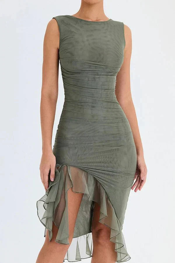 Women’s Sleeveless Ruched Midi Dress with Asymmetrical Hem