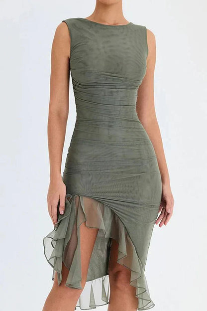 Women’s Sleeveless Ruched Midi Dress with Asymmetrical Hem