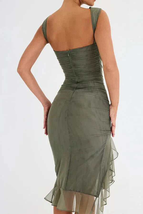 Women’s Sleeveless Ruched Midi Dress with Asymmetrical Hem