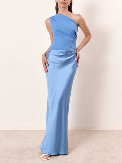 One Shoulder Pleated Maxi Dress for Women Formal Party