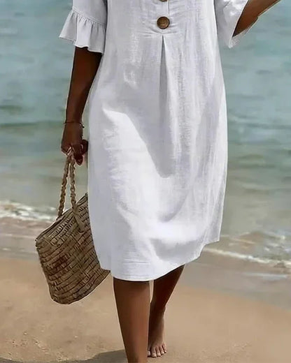 Women’s Button-Front Casual Midi Dress with Ruffle Sleeves
