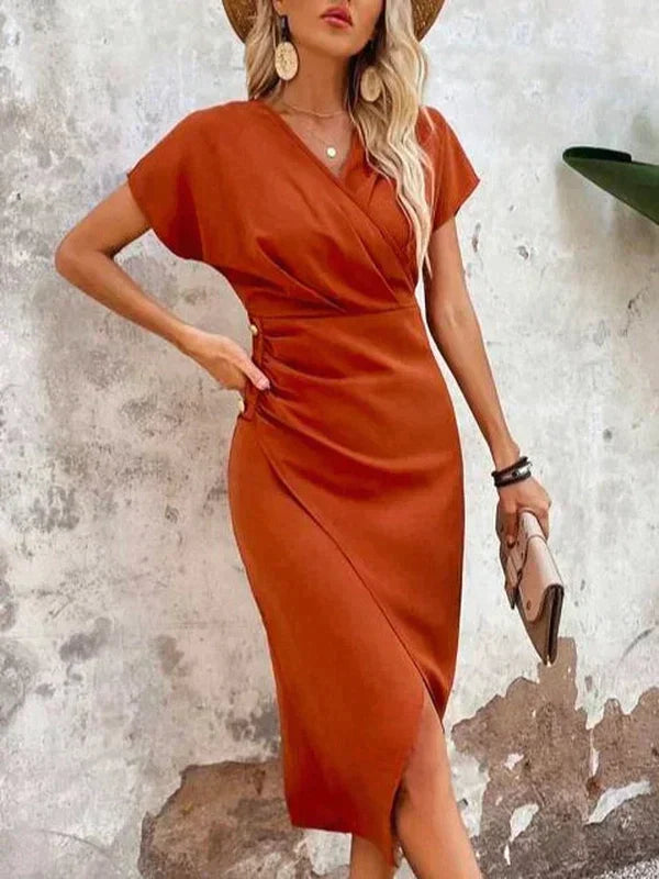 Adeline Elegant Draped Orange Midi Dress for Women