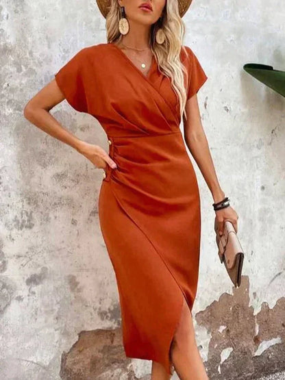 Adeline Elegant Draped Orange Midi Dress for Women