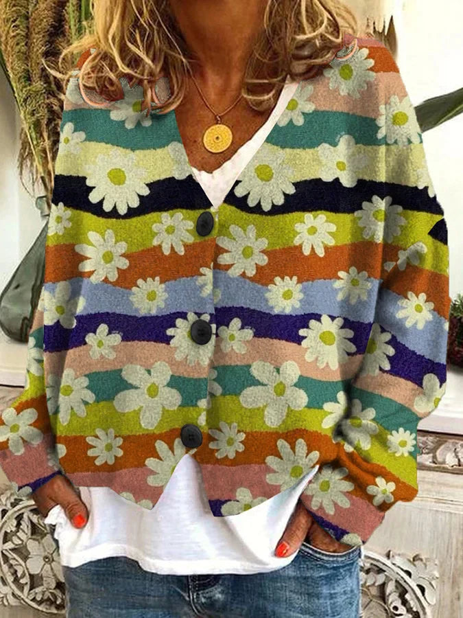 Floral Stripe Button-Up Cardigan with Relaxed Fit