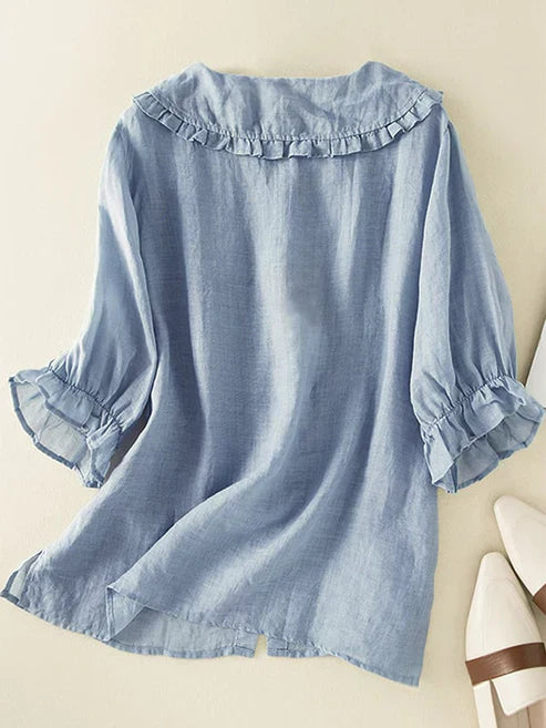 Women's Cotton Linen Peter Pan Ruffle Collar Shirt