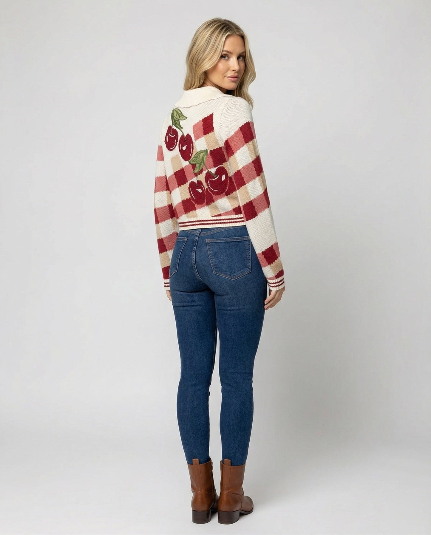 Women's Cropped Knit Cardigan with Cherry Floral Pattern
