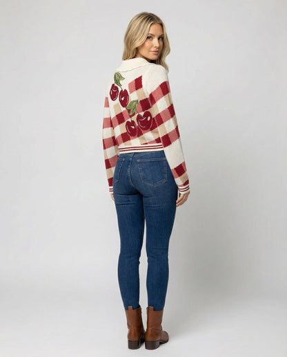 Women's Cropped Knit Cardigan with Cherry Floral Pattern