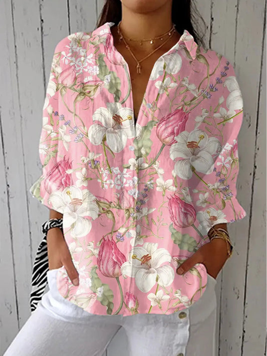 Women's Elegant Bloom Floral Button-Front Blouse