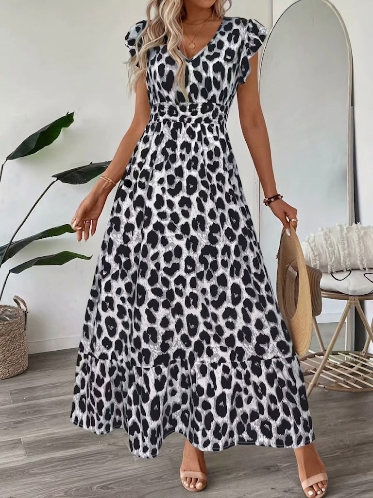 Women’s Embroidered Maxi Dress with Cap Sleeves and Defined Waist