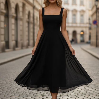 White Square Neck Sleeveless A-Line Midi Dress for Women