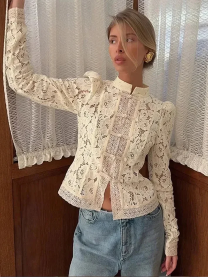 Women’s Lace Button-Up Blouse with Long Sleeves
