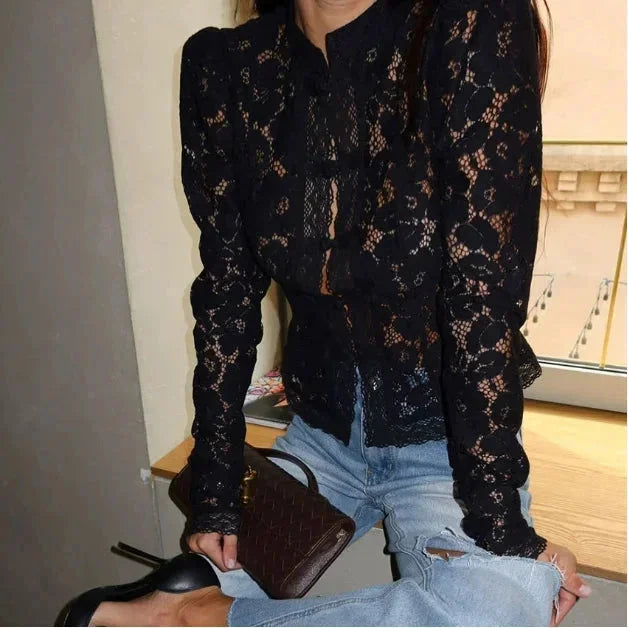 Women’s Lace Button-Up Blouse with Long Sleeves