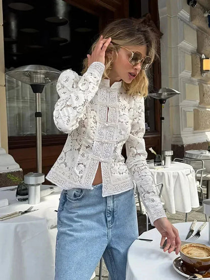 Women’s Lace Button-Up Blouse with Long Sleeves