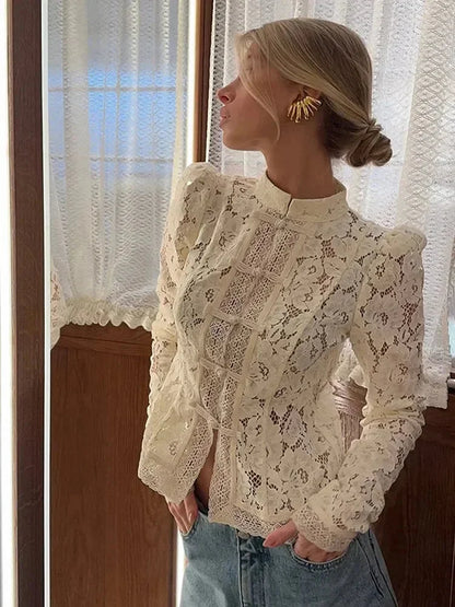 Women’s Lace Button-Up Blouse with Long Sleeves