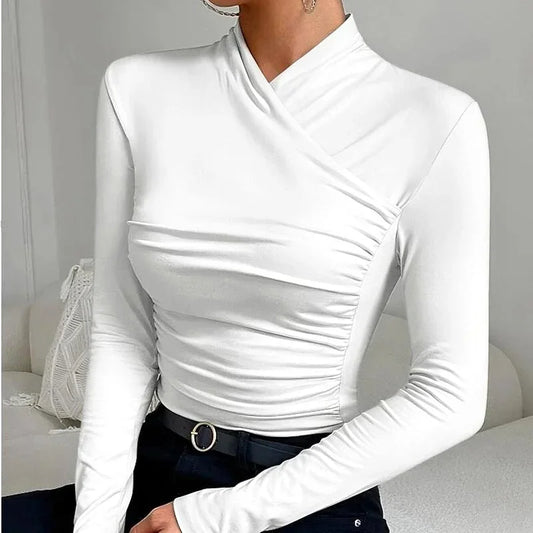 Women’s Ruched Cross Neck Long Sleeve Top