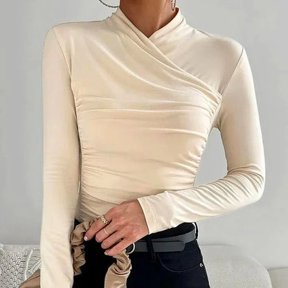 Women’s Ruched Cross Neck Long Sleeve Top