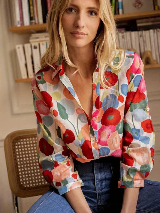 Bold Floral Print Button Down Shirt with Roll-Up Sleeves