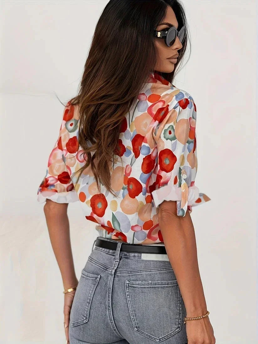 Bold Floral Print Button Down Shirt with Roll-Up Sleeves