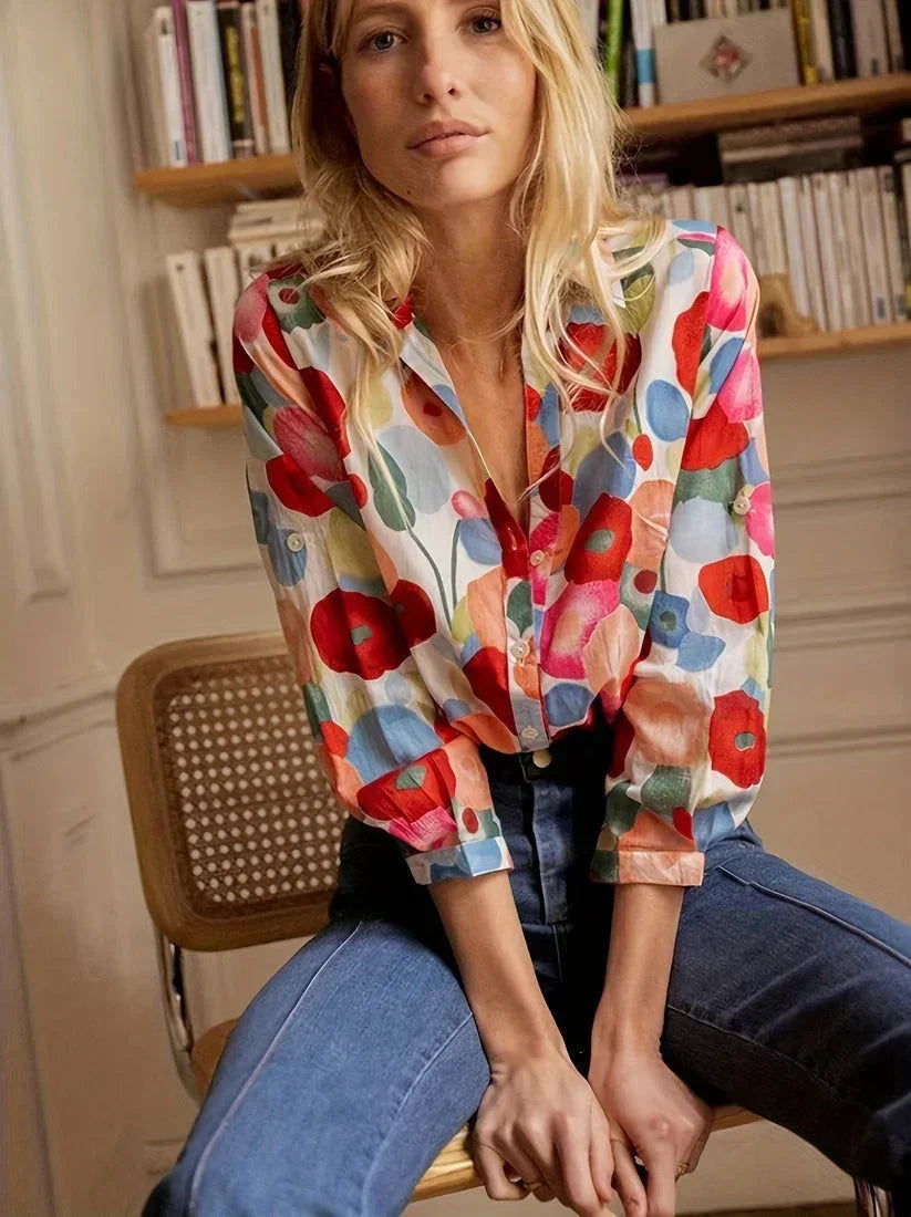 Bold Floral Print Button Down Shirt with Roll-Up Sleeves
