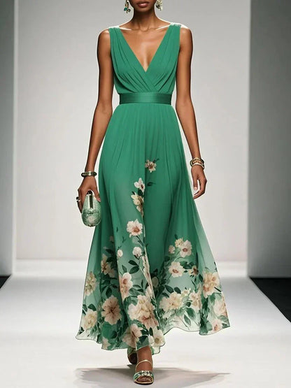 Floral Midi Dress with Deep V Neckline for Women