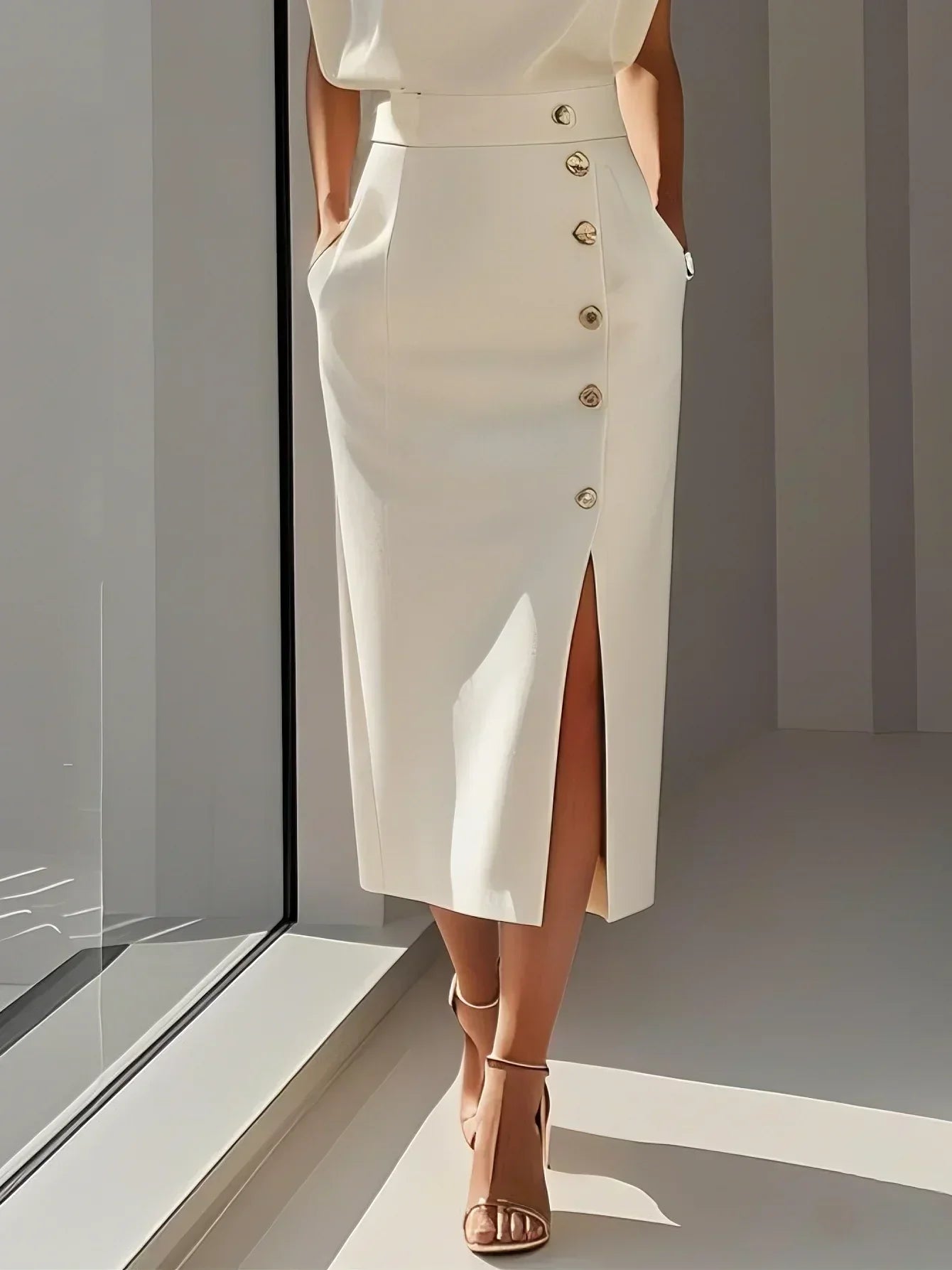 Elegant Sleeveless Midi Dress with Side Slit and Gold Button Detail