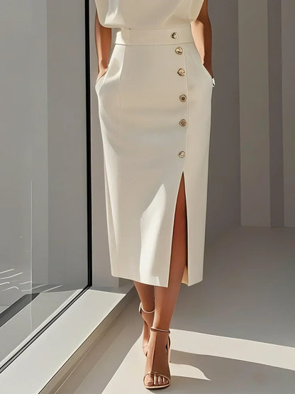 Elegant Sleeveless Midi Dress with Side Slit and Gold Button Detail