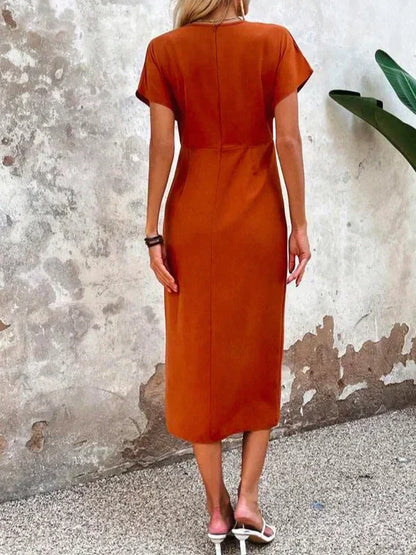 Adeline Elegant Draped Orange Midi Dress for Women