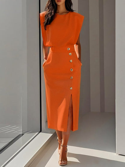 Elegant Sleeveless Midi Dress with Side Slit and Gold Button Detail