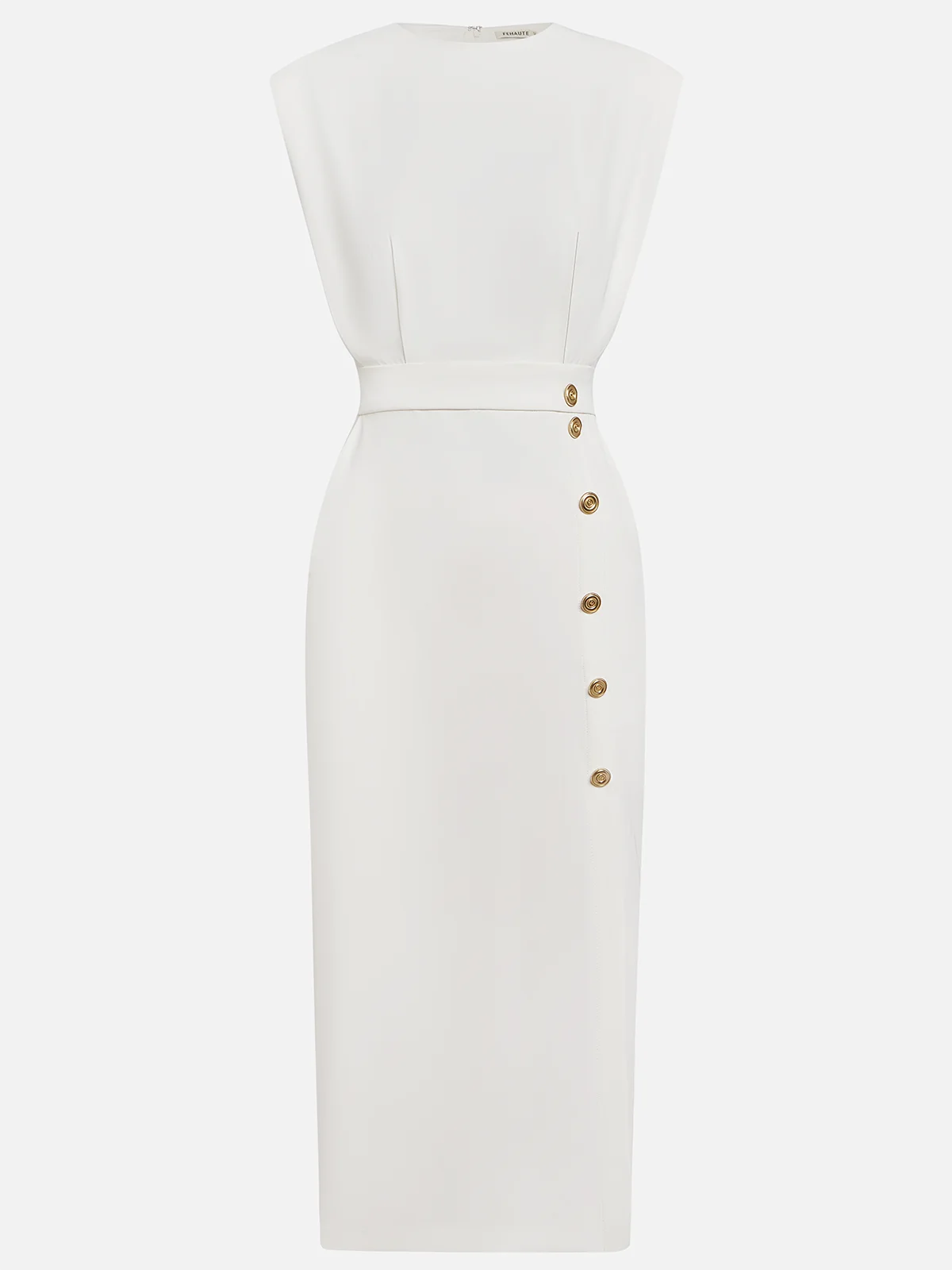Elegant Sleeveless Midi Dress with Side Slit and Gold Button Detail